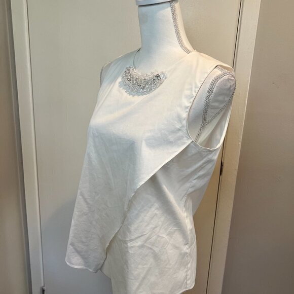 Zara Basic White Sleeveless Wrap top with beaded collar, Size Medium - Picture 8 of 13